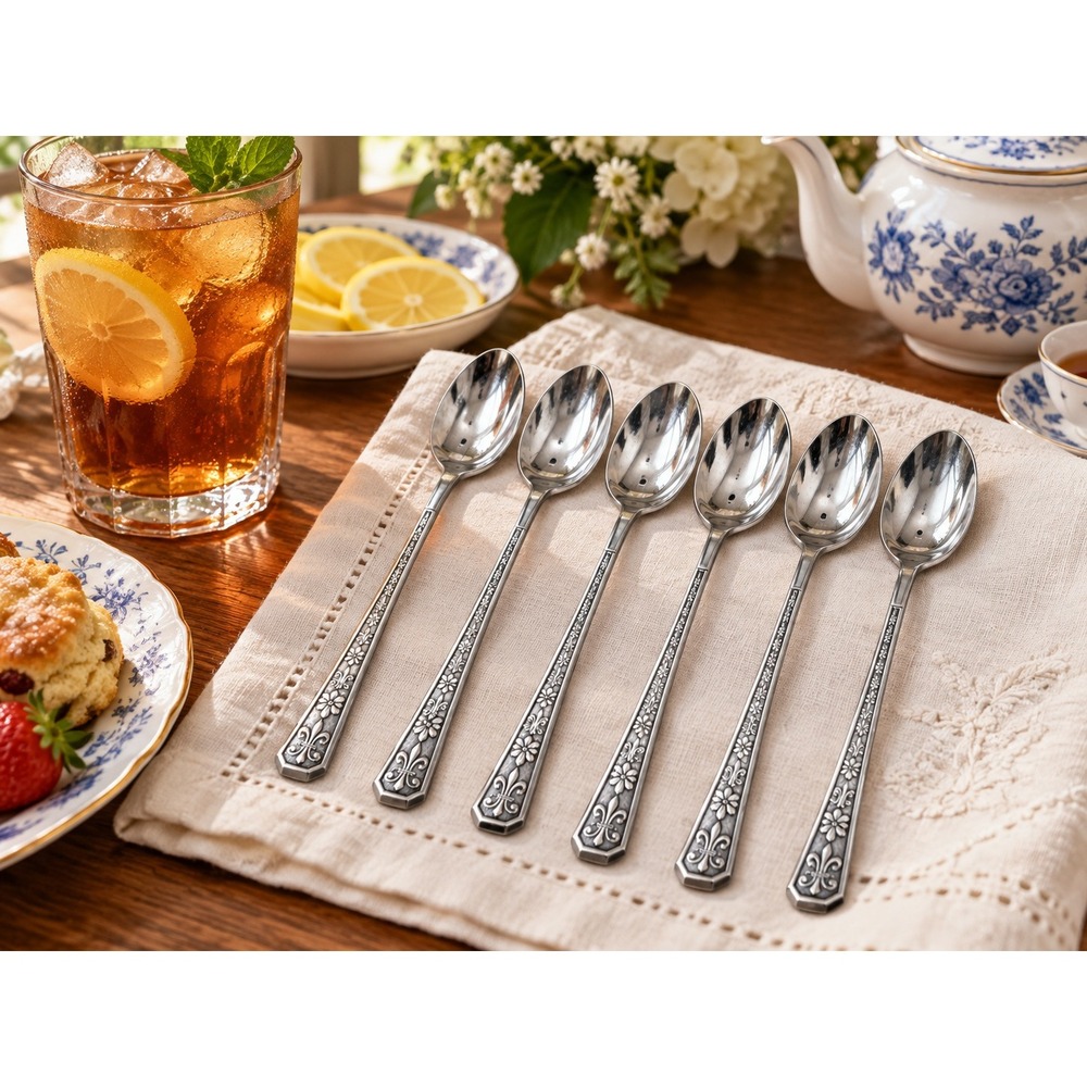 Interpur Iced Tea Spoons Silver Floral Fleur-de-Lis Stainless Japan Set of 6